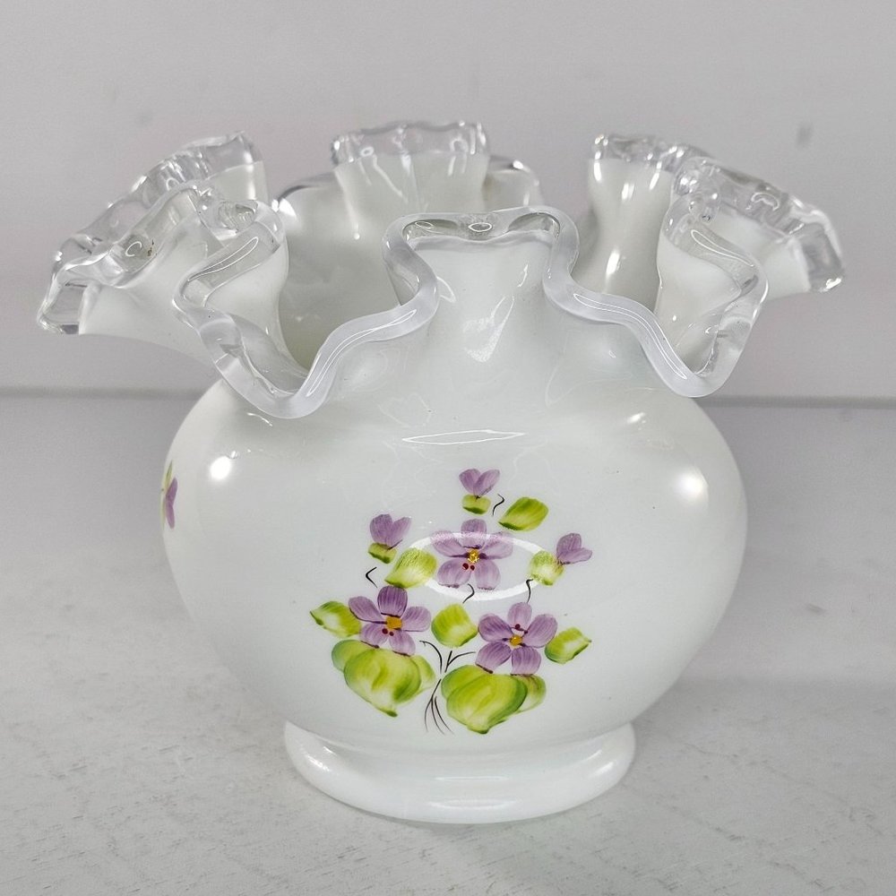 Vintage Fenton Violets In The Snow Double Crimped Vase Rose Bowl